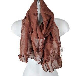 Glentex Brown Sheer Rayon Scarf Embroidered Polka Dot Lettuce Edge 14x58 NWT